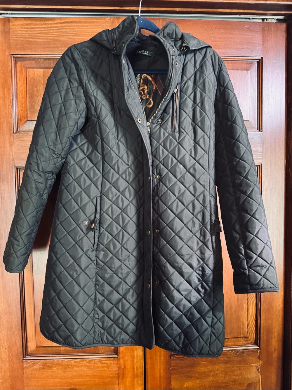 Ralph Lauren Black Quilted Hooded Coat Women Size Small